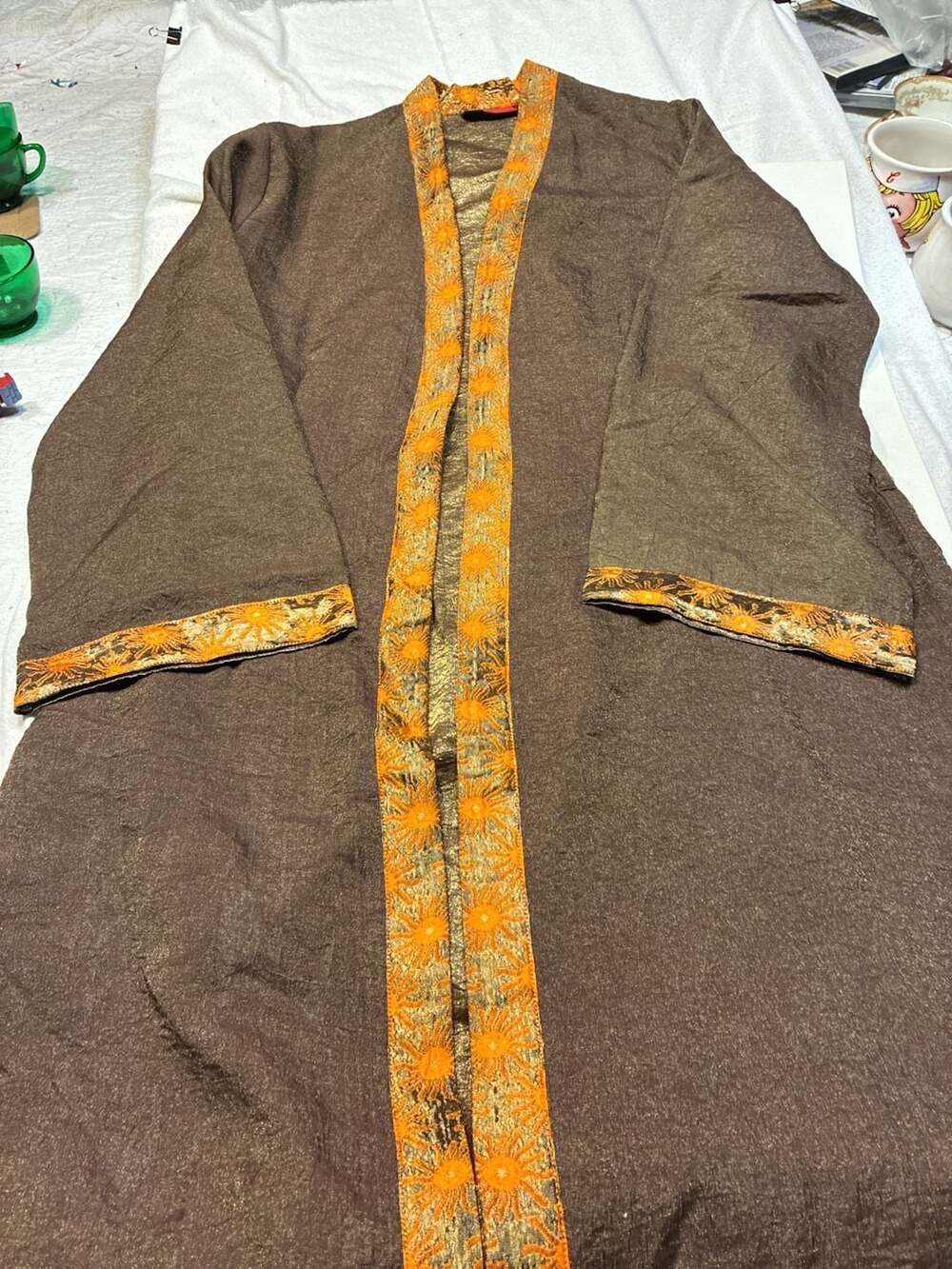 Serrahna Women's Silk Brocade Long Open Front Kimono Jacket, Brown and Gold